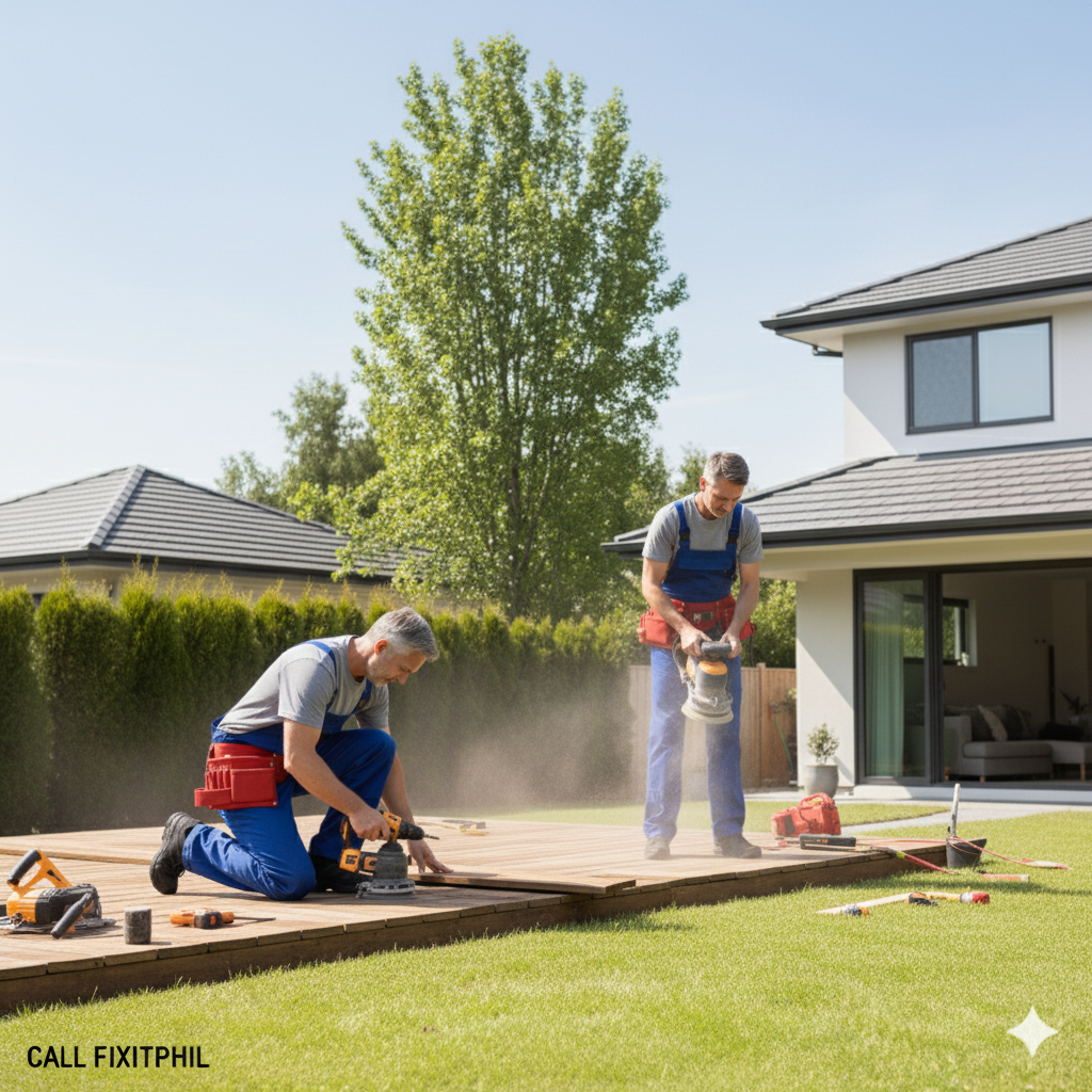 Fix It Phil team sanding and repairing a timber deck